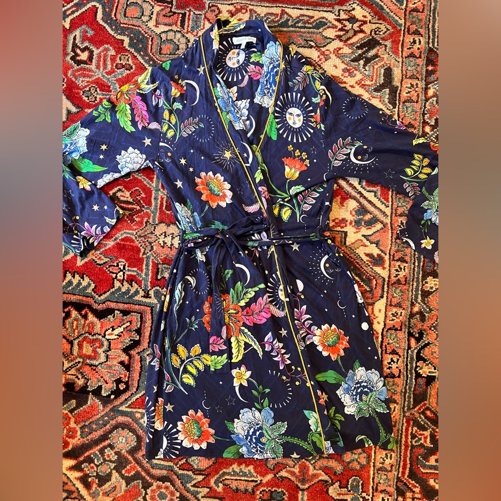 Johnny Was Purple Floral & Celestial Satin Robe - Picture 5 of 12
